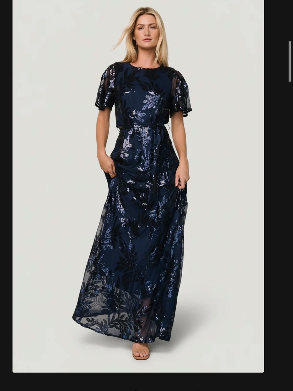 Baltic Born Navy Sequin Floral Tie-Waist Maxi Dress